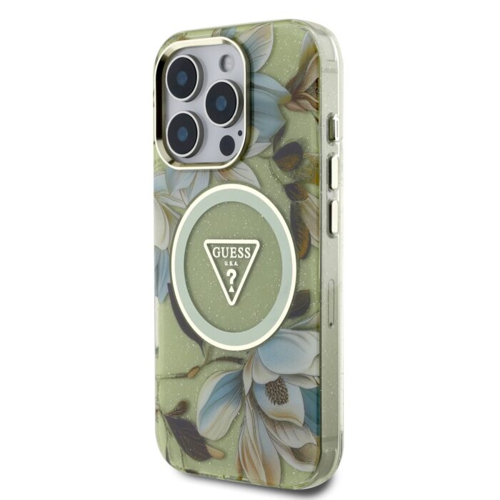 guess-iml-glitter-magnolia-and-triangle-logo-magsafe-zadni-kryt-pro-iphone-16-pro-green-1-big_ies13655679.jpg Калъф от Guess IML Glitter Magnolia and Triangle Logo MagSafe Case for iPhone 16 Pro Green - Image 2