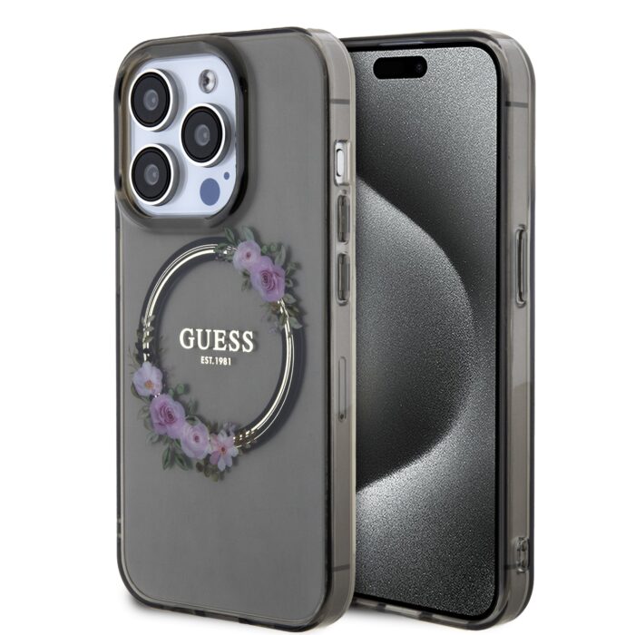 guess-pc-tpu-flowers-ring-glossy-logo-magsafe-zadni-kryt-pro-iphone-14-pro-max-black_ie12476359.jpg Калъф от Guess PC/TPU Flowers Ring Glossy Logo MagSafe Case за iPhone 14 Pro Max Black - Image 1