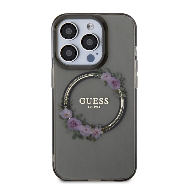 Калъф от Guess PC/TPU Flowers Ring Glossy Logo MagSafe Case за iPhone 15 Pro Max Black - Image 3