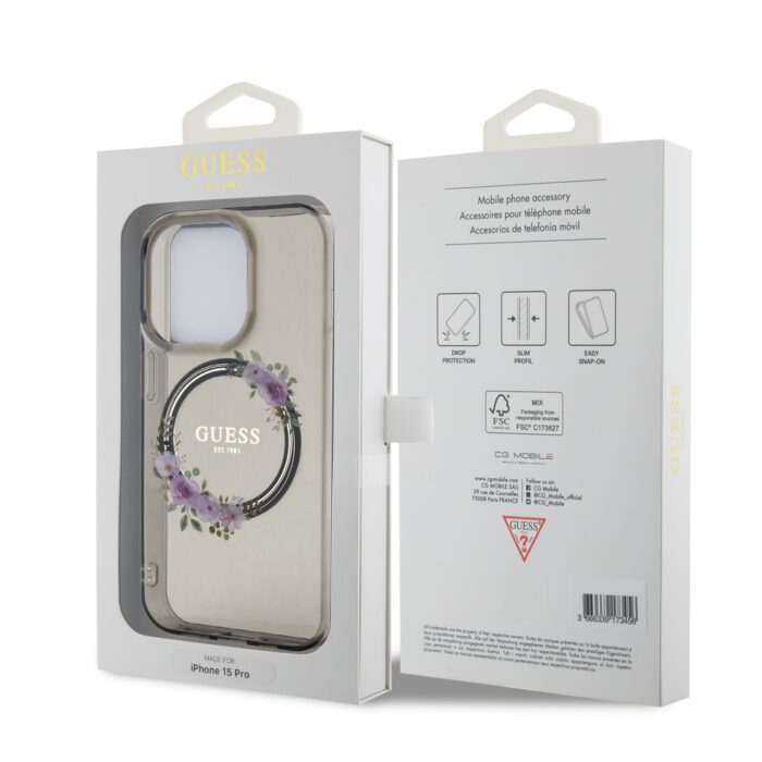 Калъф от Guess PC/TPU Flowers Ring Glossy Logo MagSafe Case за iPhone 15 Pro Max Black - Image 7