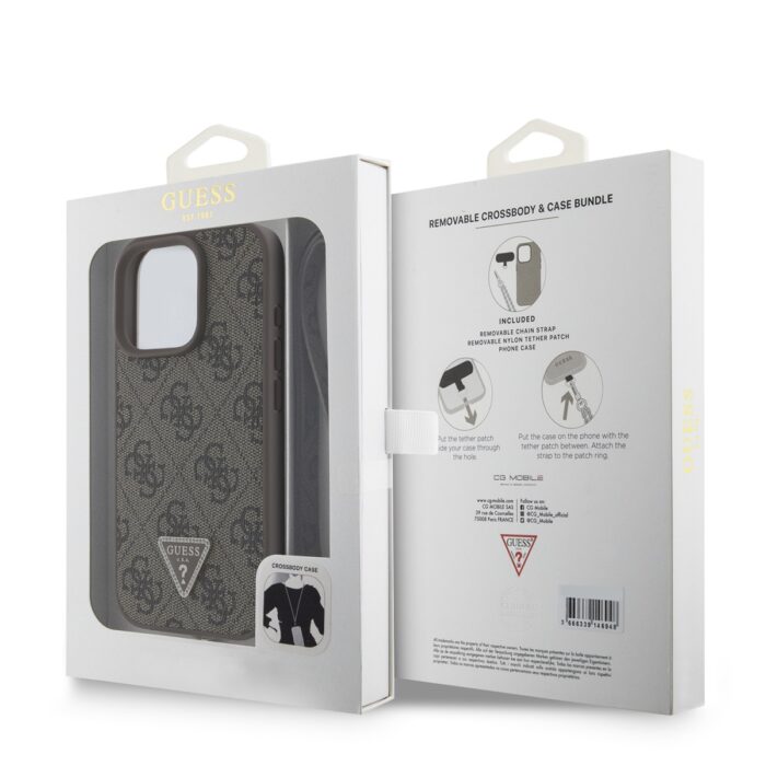 Калъф от Guess PU 4G Strass Triangle Metal Logo Case + Crossbody Strap за iPhone 16 Pro Max Brown - Image 6