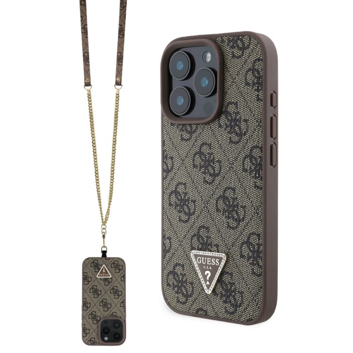 Калъф от Guess PU 4G Strass Triangle Metal Logo Case + Crossbody Strap за iPhone 16 Pro Max Brown - Image 1