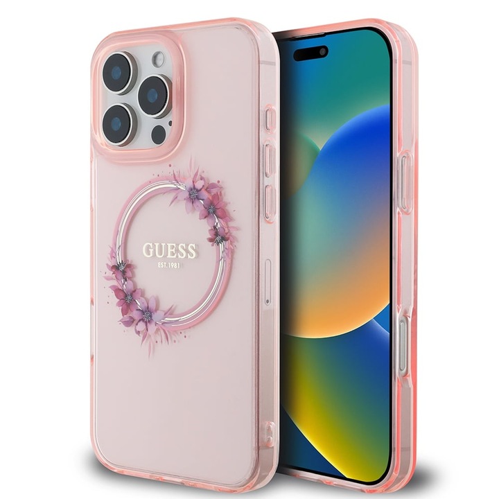 guhmp16xhfwfcp.jpg Калъф от Guess IML Flowers Ring MagSafe Case за iPhone 16 Pro Max Pink - Image 1