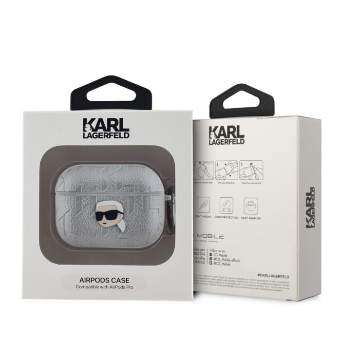 Калъф от Karl Lagerfeld PU Embossed Karl Head Case for AirPods Pro Silver - Image 3