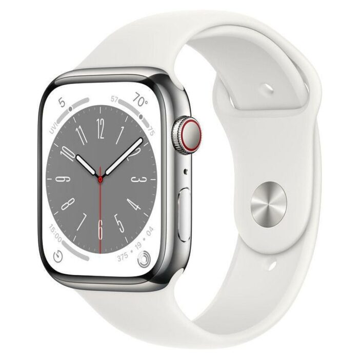 MNKE3BSa Apple Watch Series 8 GPS + Cellular 45mm Silver Stainless Steel Case with White Sport Band - Regular - Image 1