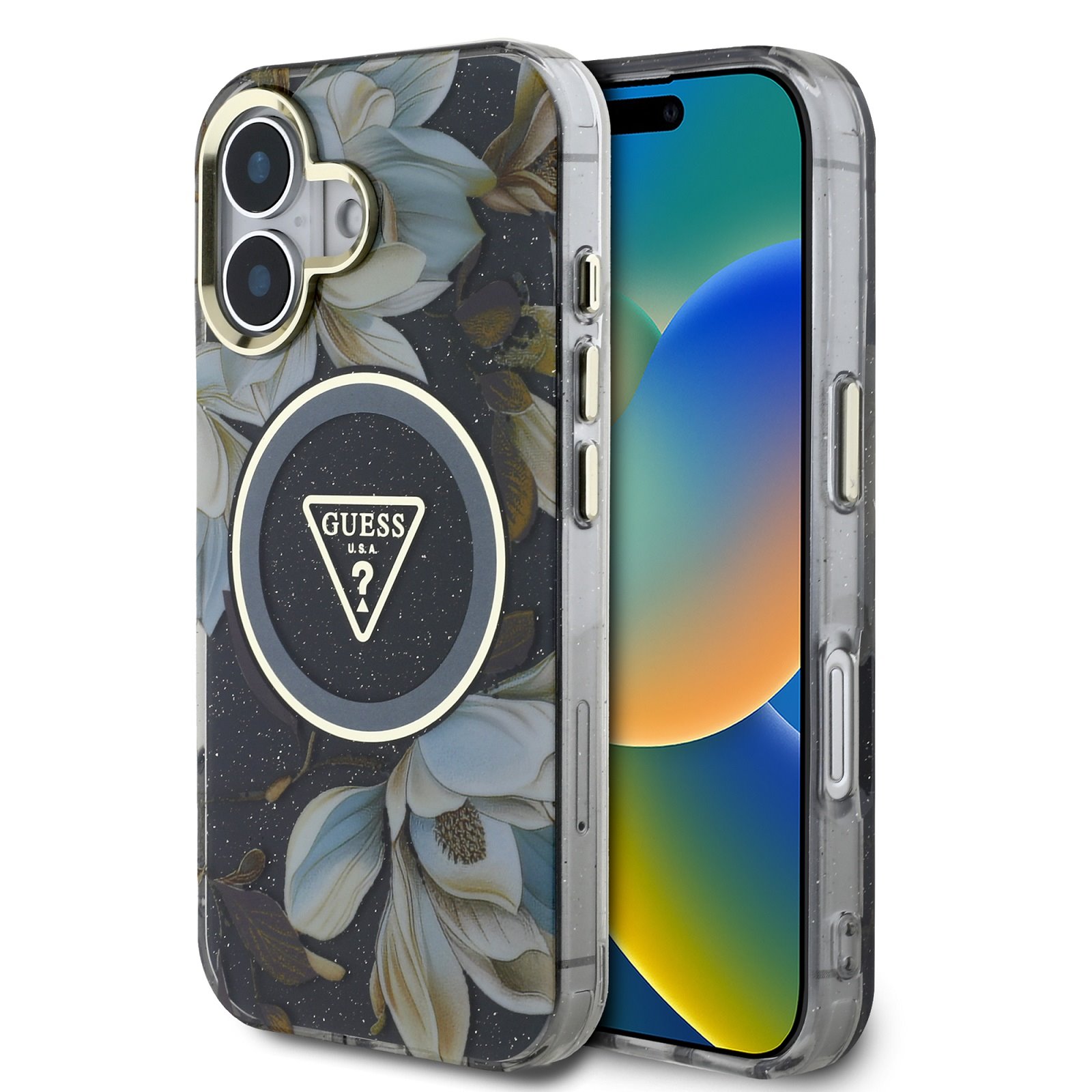 guess-iml-glitter-magnolia-and-triangle-logo-magsafe-zadni-kryt-pro-iphone-16-black_ie13656827.jpg Калъф от Guess IML Glitter Magnolia and Triangle Logo MagSafe Case for iPhone 16 Black - Image 1