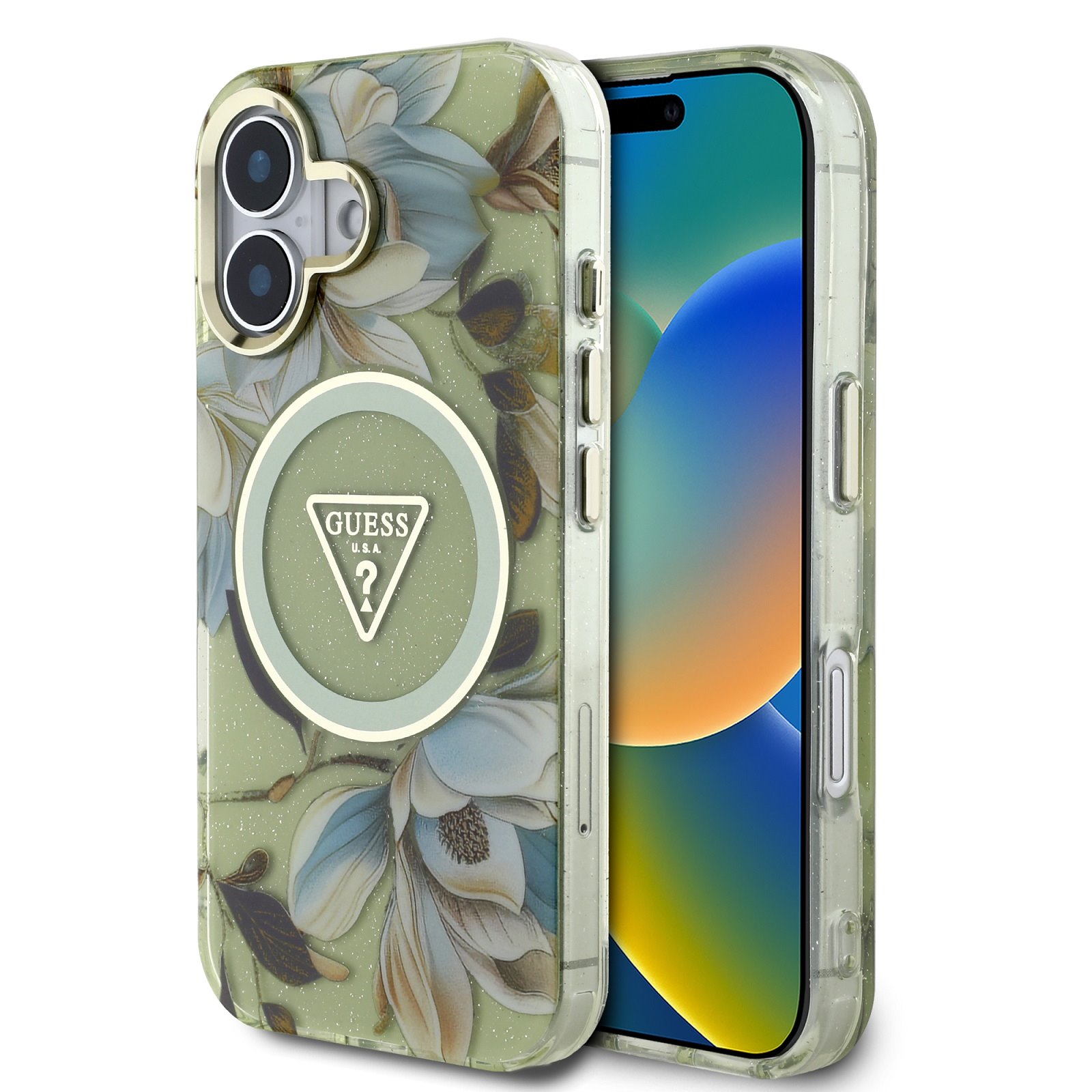 guess-iml-glitter-magnolia-and-triangle-logo-magsafe-zadni-kryt-pro-iphone-16-green_ie13656824.jpg Калъф от Guess IML Glitter Magnolia and Triangle Logo MagSafe Case for iPhone 16 Gray - Image 1