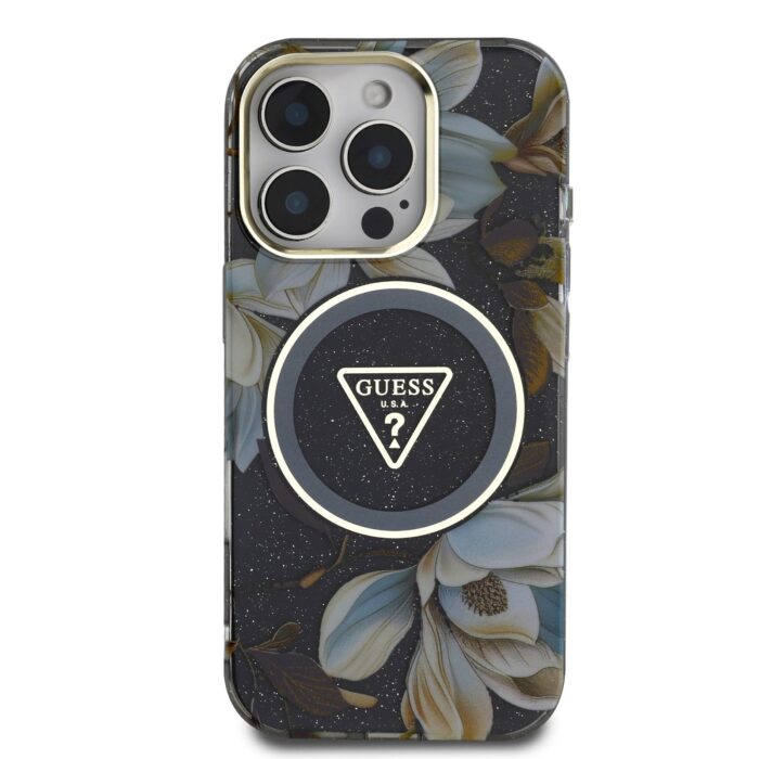 Калъф от Guess IML Glitter Magnolia and Triangle Logo MagSafe Case за iPhone 16 Pro Max Black - Image 3