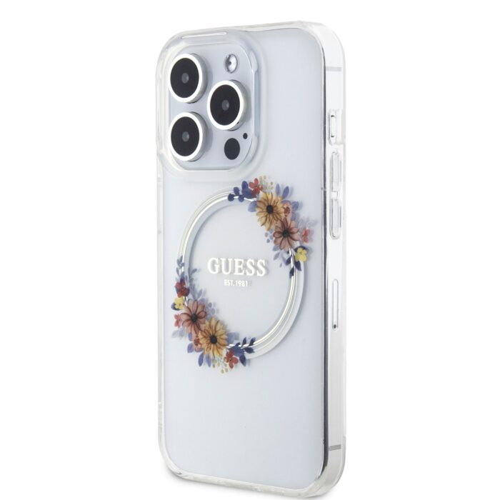 Калъф от Guess PC/TPU Flowers Ring Glossy Logo MagSafe Case заiPhone 14 Pro Transparent - Image 2