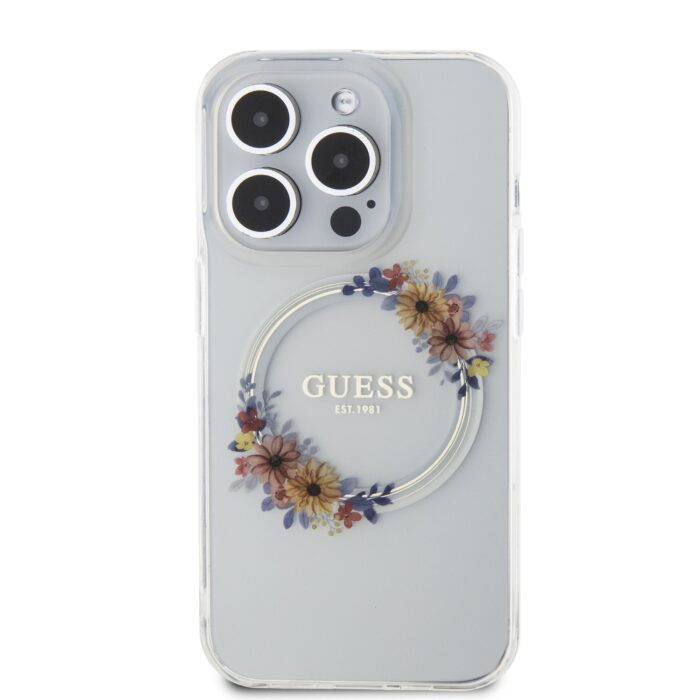 Калъф от Guess PC/TPU Flowers Ring Glossy Logo MagSafe Case заiPhone 14 Pro Transparent - Image 3