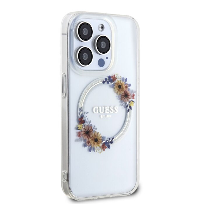 Калъф от Guess PC/TPU Flowers Ring Glossy Logo MagSafe Case заiPhone 14 Pro Transparent - Image 4