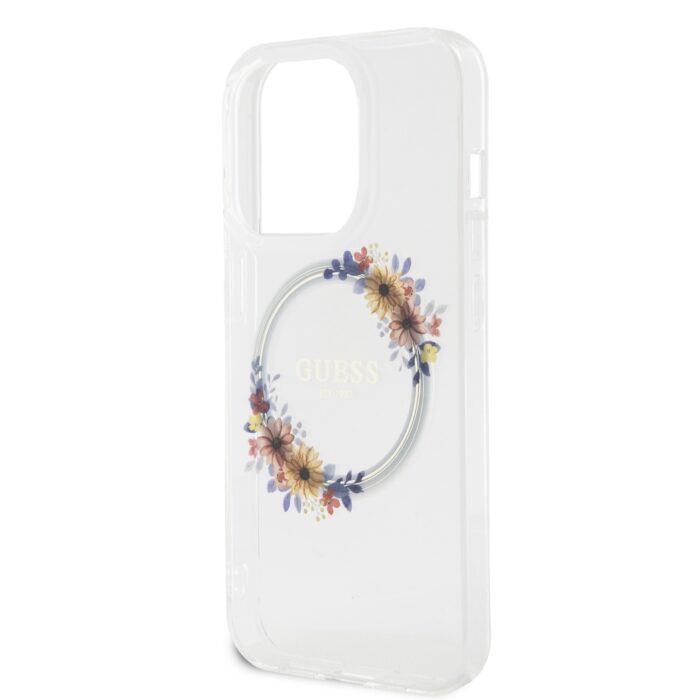Калъф от Guess PC/TPU Flowers Ring Glossy Logo MagSafe Case заiPhone 14 Pro Transparent - Image 5