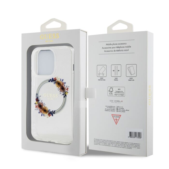 Калъф от Guess PC/TPU Flowers Ring Glossy Logo MagSafe Case заiPhone 14 Pro Transparent - Image 7