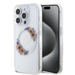 Калъф от Guess PC/TPU Flowers Ring Glossy Logo MagSafe Case заiPhone 14 Pro Transparent