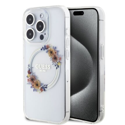 Калъф от Guess PC/TPU Flowers Ring Glossy Logo MagSafe Case заiPhone 14 Pro Transparent