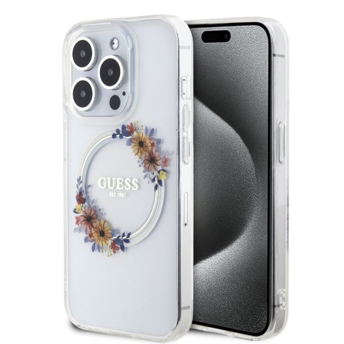 Калъф от Guess PC/TPU Flowers Ring Glossy Logo MagSafe Case заiPhone 14 Pro Transparent - Image 1