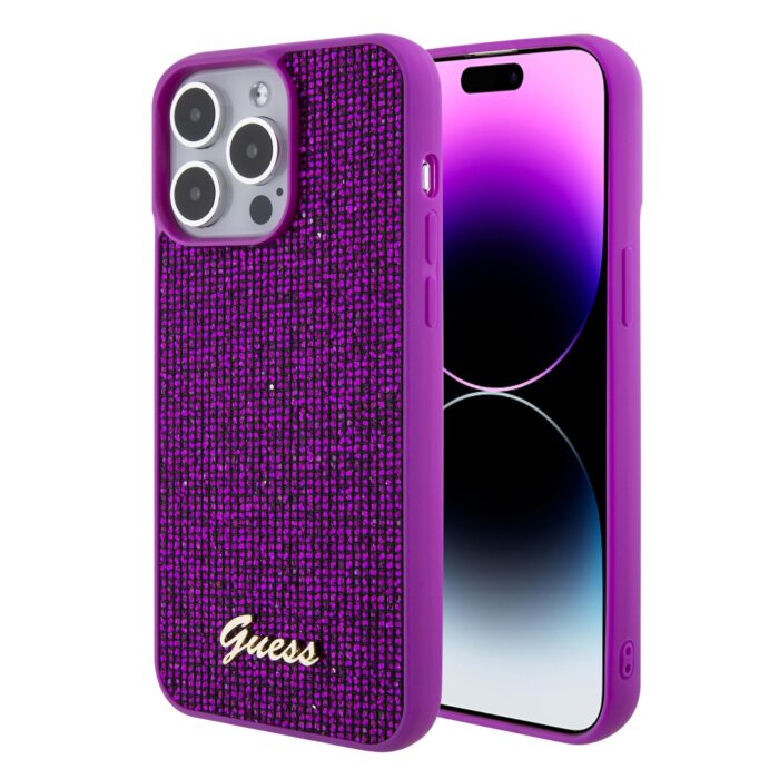 калъф от Guess за iPhone 15 Pro Max Hardcase Disco Metal Script Fuschia - Image 1
