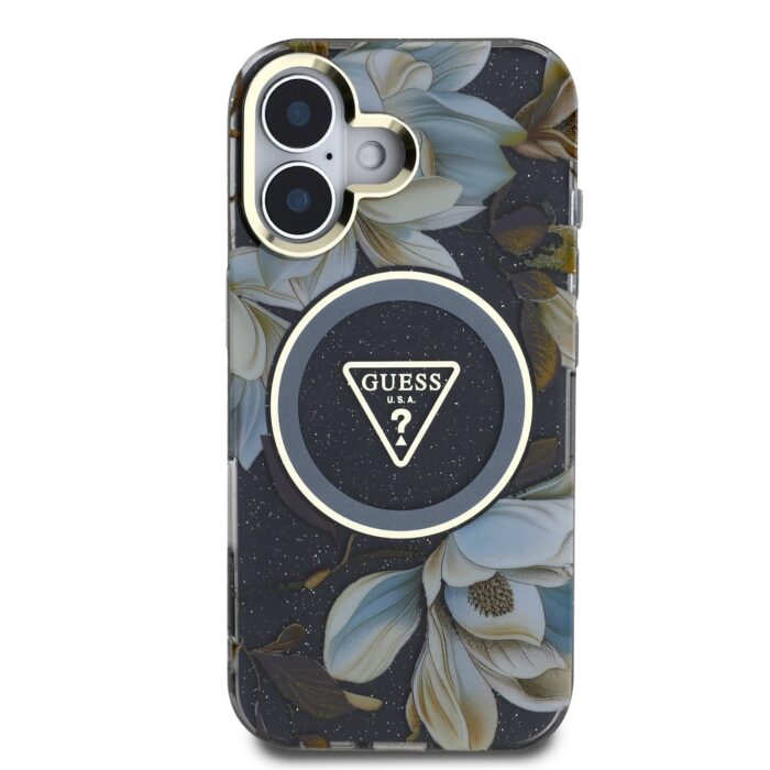 Калъф от Guess IML Glitter Magnolia and Triangle Logo MagSafe Case for iPhone 16 Black - Image 3