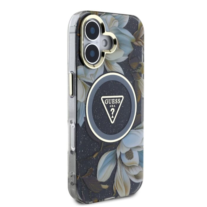 Калъф от Guess IML Glitter Magnolia and Triangle Logo MagSafe Case for iPhone 16 Black - Image 4