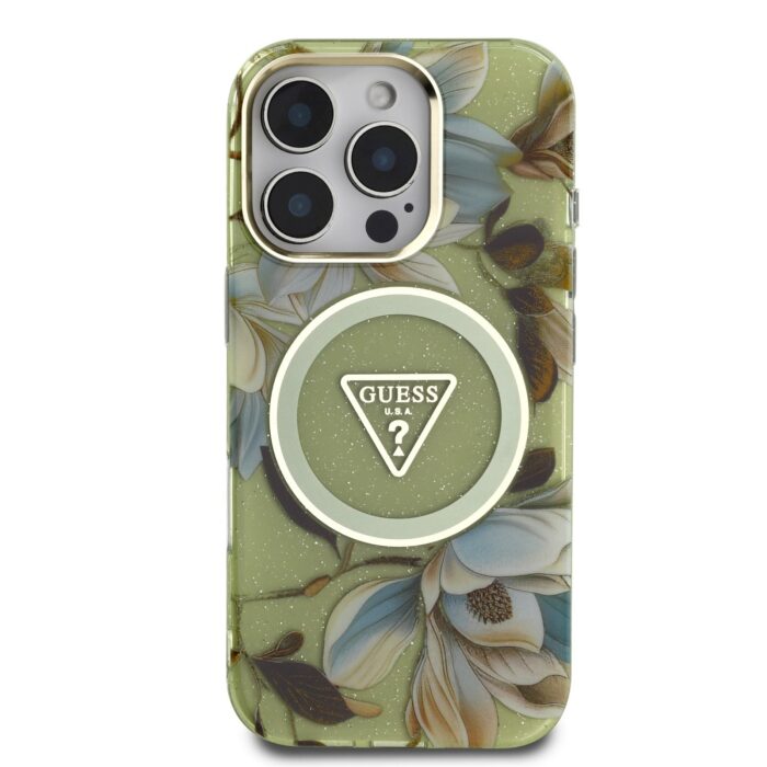 Калъф от Guess IML Glitter Magnolia and Triangle Logo MagSafe Case for iPhone 16 Pro Max Green - Image 3