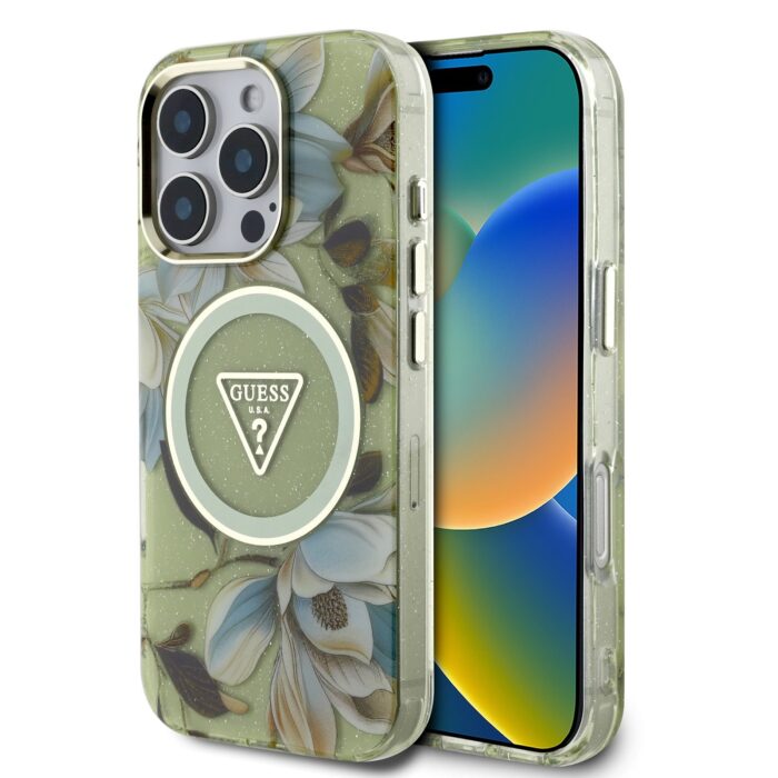 Калъф от Guess IML Glitter Magnolia and Triangle Logo MagSafe Case for iPhone 16 Pro Max Green - Image 1