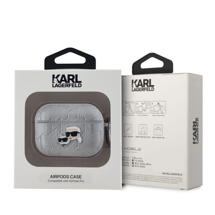 Калъф от Karl Lagerfeld PU Embossed Karl and Choupette Heads Case for AirPods Pro Silver - Image 3