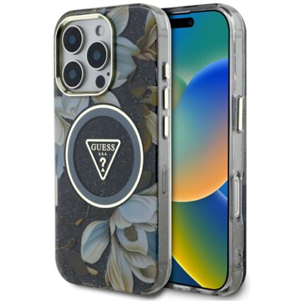 Калъф от Guess IML Glitter Magnolia and Triangle Logo MagSafe Case за iPhone 16 Pro