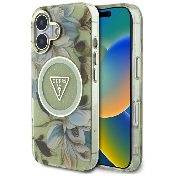 Калъф от Guess IML Glitter Magnolia and Triangle Logo MagSafe Case for iPhone 16 Gray - Image 1