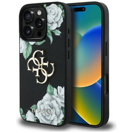 Калъф от Guess PU Grained Roses 4G Metal Logo Case за iPhone 16 Pro Black